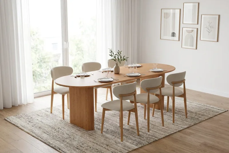 Noira spisegruppe uttrekkbar 220-320 cm eik med 6 Molly spisestoler - Eik - Møbler - Bord - Spisegruppe