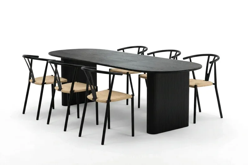 Noira spisegruppe uttrekkbar 220-320 cm svart med 6 Elysia spisestoler, Svartbeiset eik