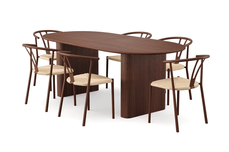 Noira spisegruppe uttrekkbar 220-320 cm valnøtt med 6 Elysia spisestoler, Valnøtt