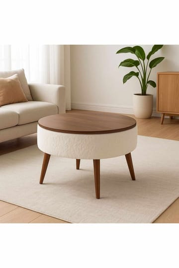Noya Rundt Salongbord med Oppbevaring 60 cm i Bouclé - Offwhite - Møbler - Bord - Sofabord & salongbord