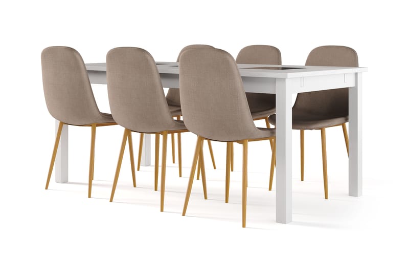 Octavia Uttrekkbart Spisebord 180 cm + 6 stk Naira stol brun med eikeben, Hvit/Brun