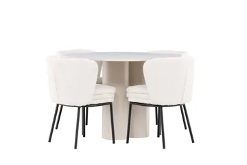 Olivia Spisegruppe 110 cm Rund med 4 Agnes stoler - Beige/Hvit - Møbler - Bord - Spisegruppe