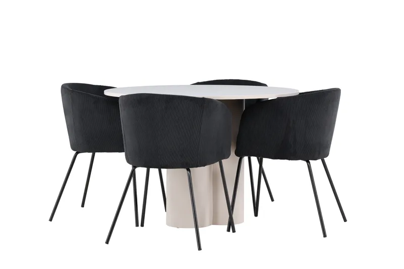 Olivia Spisegruppe 110 cm Rund med 4 Berit stoler - Beige/Svart - Møbler - Bord - Spisegruppe