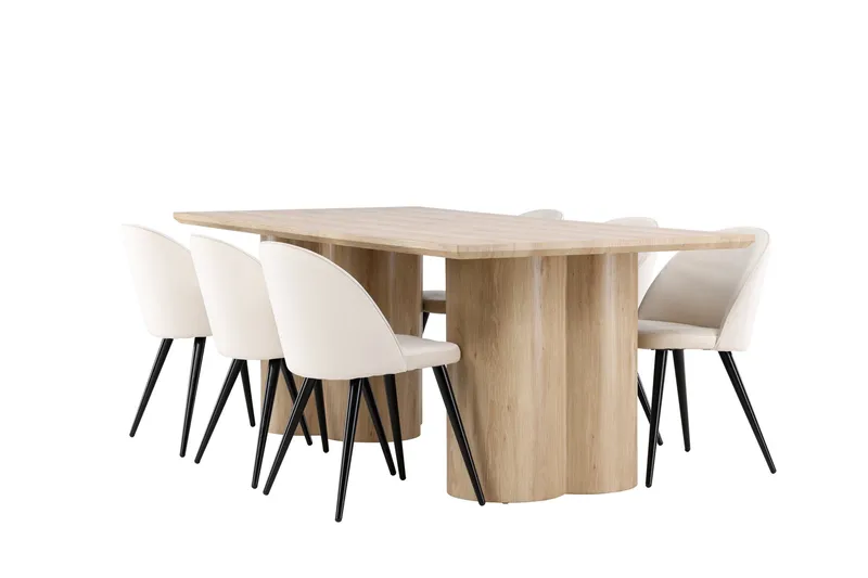 Olivia Spisegruppe 210 cm Rektangulær med 6 Velvet stoler, Whitewash/Beige