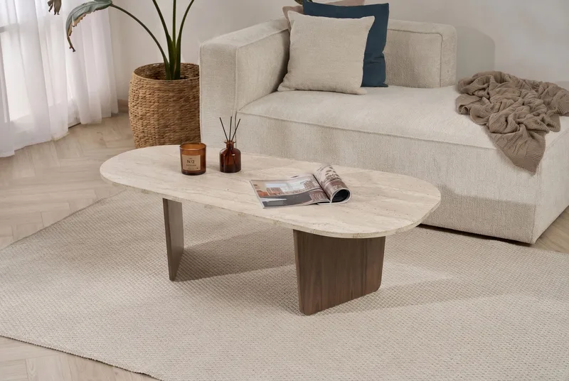 Omari Sofabord 130 cm - Travertin og valnøtt - Møbler - Bord - Sofabord & salongbord