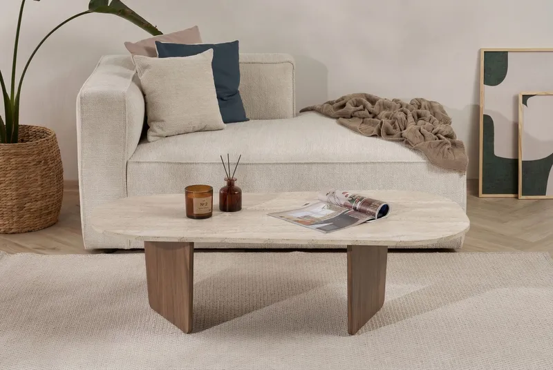 Omari Sofabord 130 cm - Travertin og valnøtt - Møbler - Bord - Sofabord & salongbord