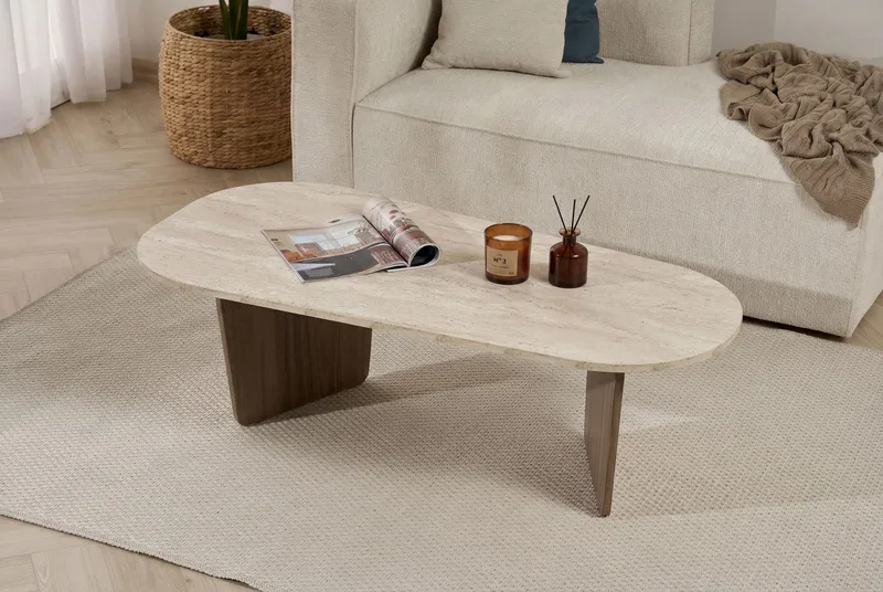 Omari Sofabord 130 cm - Travertin og valnøtt - Møbler - Bord - Sofabord & salongbord