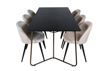 Petra Spisegruppe 190 cm Rektangulær med 6 Velvet Stoler - Sort - Møbler - Bord - Spisegruppe