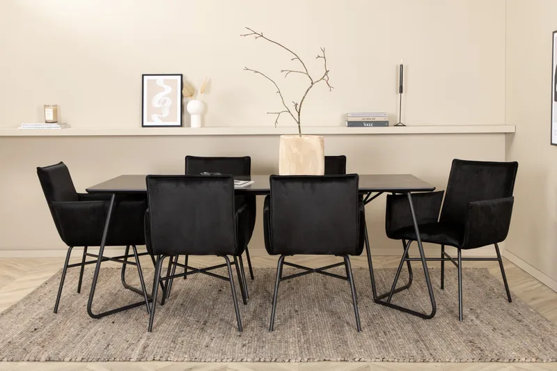 Petra Spisegruppe 190 cm Rektangulær med 6 Petra Stoler, Sort