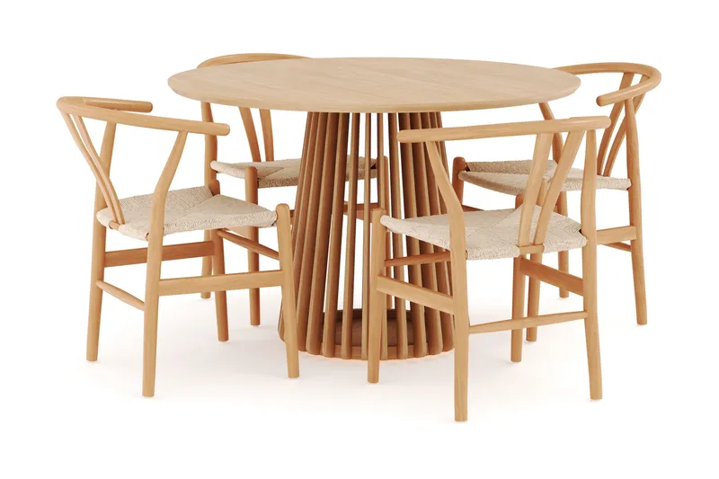 Peyra Matgruppe 120 cm Rund Eik med 4 Dastoori Spisestol, Natur