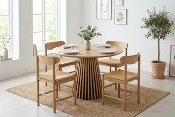 Peyra Rund Spisegruppe 110 cm – Spisebord med 4 Malte Spisestoler i Tre med Eketreutseende - Natur - Møbler - Bord - Spisegruppe