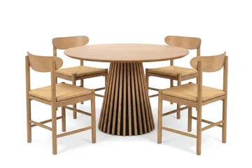 Peyra Rund Spisegruppe 110 cm – Spisebord med 4 Malte Spisestoler i Tre med Eketreutseende - Natur - Møbler - Bord - Spisegruppe
