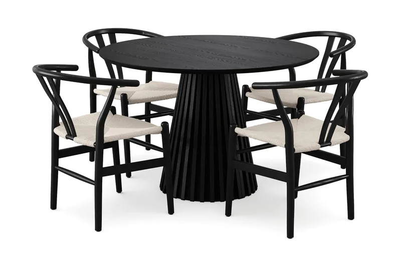 Peyra rund spisegruppe 110 cm svart med 4 Dastoori-spisestoler, Svart