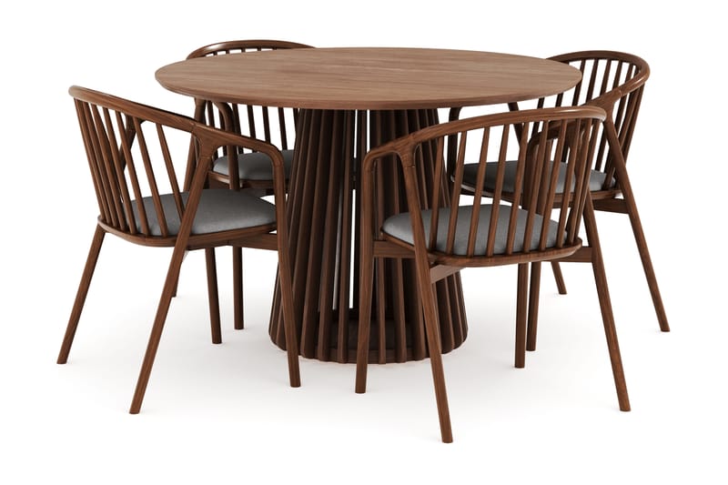 Peyra Rund Spisegruppe 120 cm med 4 Noira Spisestoler, Valnøtt