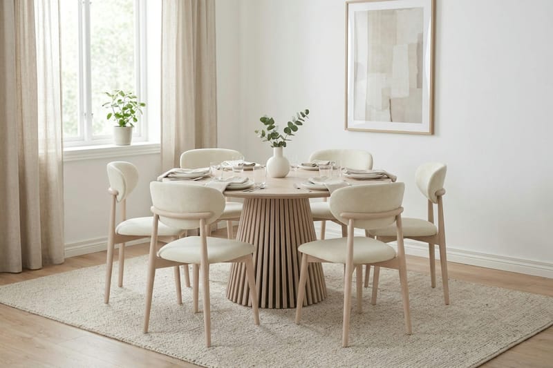 Peyra rund spisegruppe 130 cm hvitlasert med 6 Molly-spisestoler - Hvitbeiset - Møbler - Bord - Spisegruppe