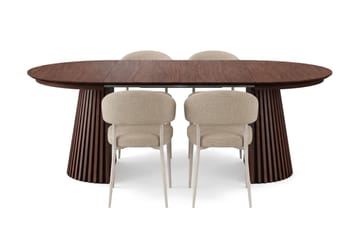 Peyra Rund Uttrekkbar Spisegruppe 120–220 cm – Spisebord med Valnøttutseende og 4 Trukne Sawako Spisestoler - Brun|Beige - Møbler - Bord - Spisegruppe