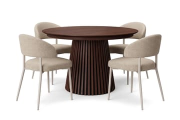 Peyra Rund Uttrekkbar Spisegruppe 120–220 cm – Spisebord med Valnøttutseende og 4 Trukne Sawako Spisestoler - Brun|Beige - Møbler - Bord - Spisegruppe