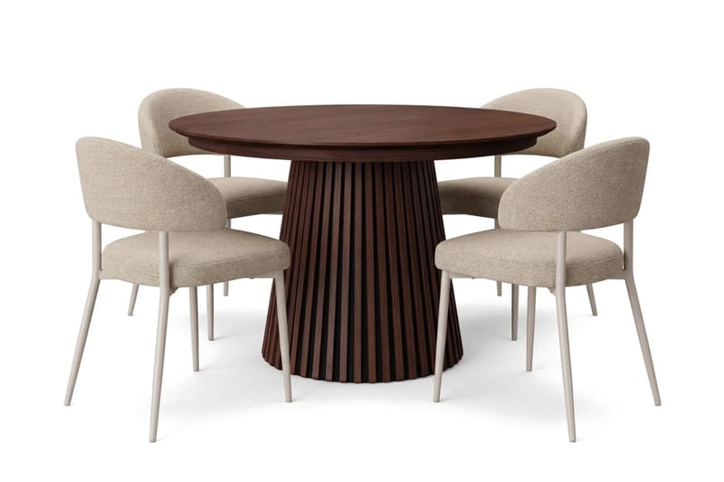 Peyra Rund Uttrekkbar Spisegruppe 120–220 cm – Spisebord med Valnøttutseende og 4 Trukne Sawako Spisestoler, Brun|Beige