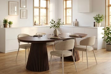 Peyra Rund Uttrekkbar Spisegruppe 120–220 cm – Spisebord med Valnøttutseende og 4 Trukne Sawako Spisestoler - Brun|Beige - Møbler - Bord - Spisegruppe