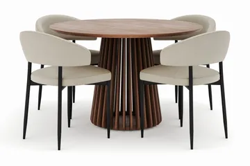 Peyra Rundt Spisebord 120 cm med 4 Sawako Stoler - Valnøtt - Møbler - Bord - Spisegruppe