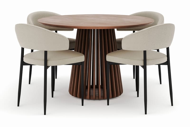 Peyra Rundt Spisebord 120 cm med 4 Sawako Stoler, Valnøtt