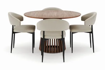 Peyra Rundt Spisebord 120 cm med 4 Sawako Stoler - Valnøtt - Møbler - Bord - Spisegruppe