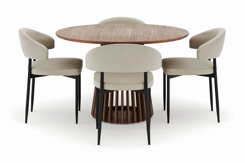 Peyra Rundt Spisebord 120 cm med 4 Sawako Stoler - Valnøtt - Møbler - Bord - Spisegruppe