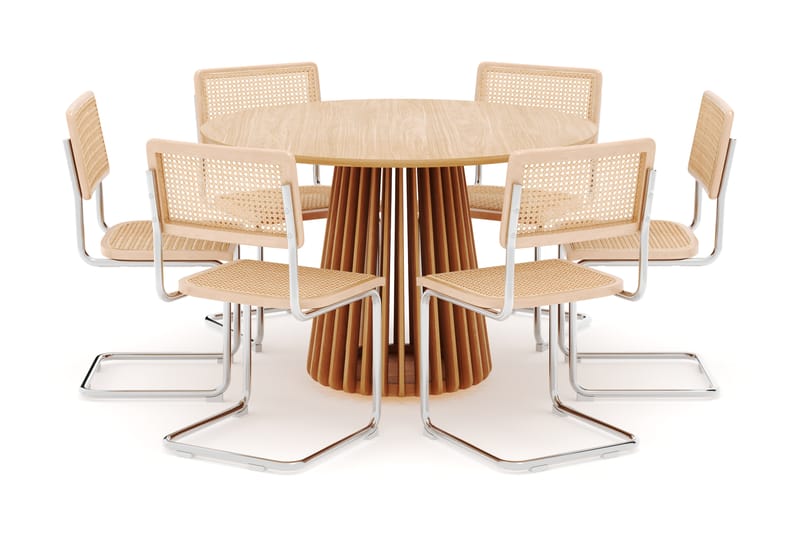 Peyra Spisebord 120 cm Rundt Ek med 6 stk Build Matstkolar - Natur - Møbler - Bord - Spisegruppe