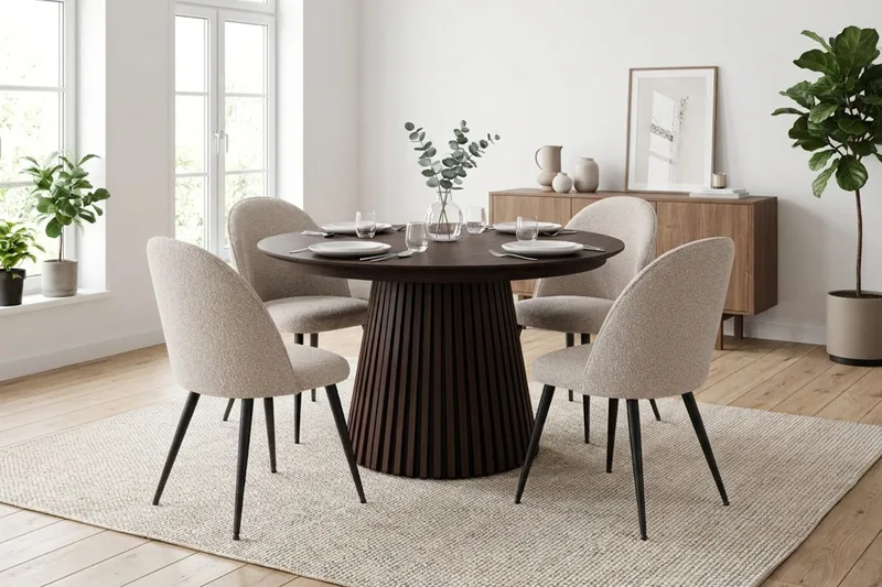 Peyra spisegruppe 120-220 cm med uttrekk og 4 Nibe Plus spisestoler - Røkt eik - Møbler - Bord - Spisegruppe