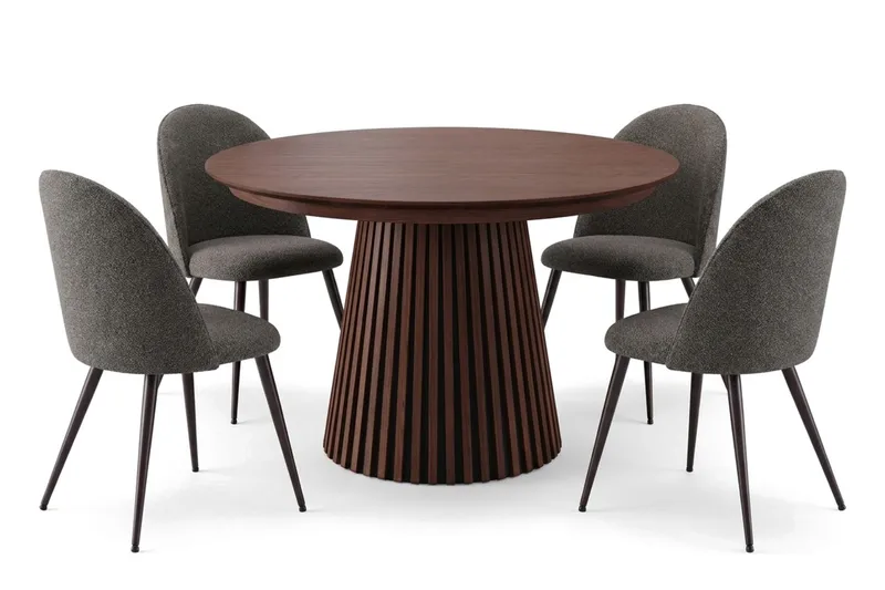 Peyra spisegruppe 120-220 cm med uttrekk og 4 Nibe Plus spisestoler, Valnøtt