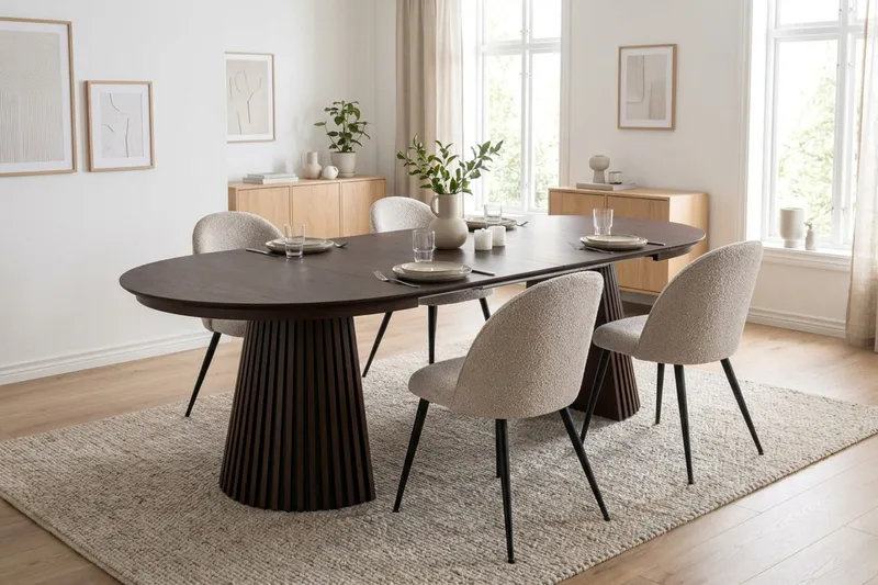 Peyra spisegruppe 120-220 cm med uttrekk og 4 Nibe Plus spisestoler - Røkt eik - Møbler - Bord - Spisegruppe