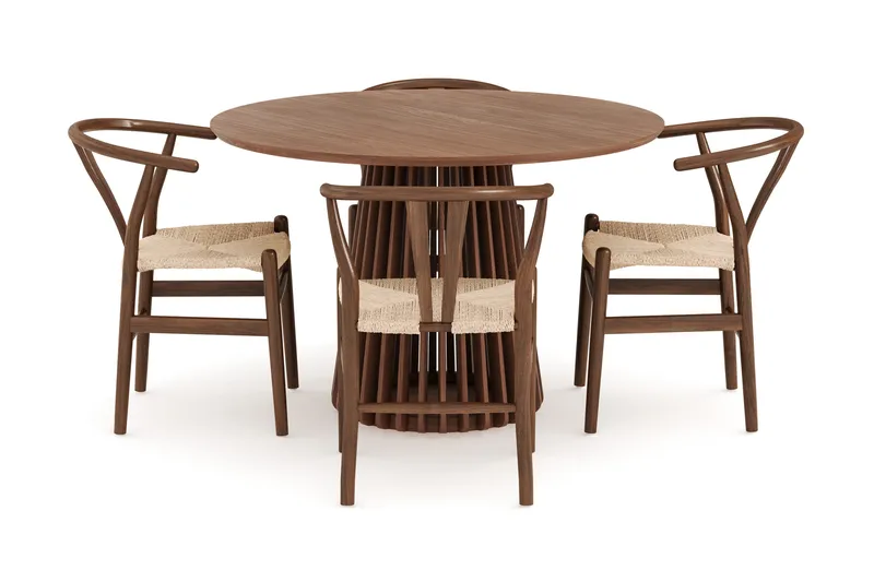 Peyra Spisegruppe 120 cm Rundt Spisebord med 4 Dastoori Spisestoler - Valnøtt / Brun / Beige - Møbler - Bord - Spisegruppe