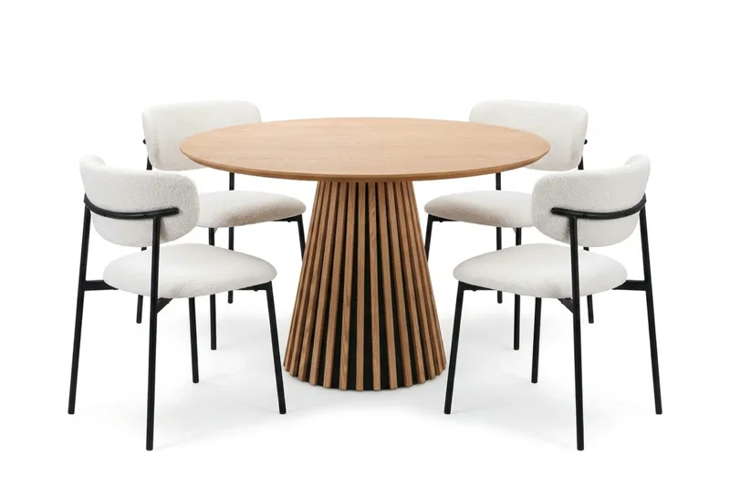 Peyra spisegruppe rund 110 cm eik med 4 Lucy spisestoler, Eik