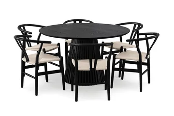 Peyra spisegruppe rund 130 cm svart med 6 Dastoori spisestoler - Svart - Møbler - Bord - Spisegruppe