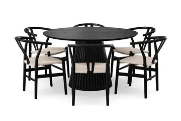 Peyra spisegruppe rund 130 cm svart med 6 Dastoori spisestoler - Svart - Møbler - Bord - Spisegruppe