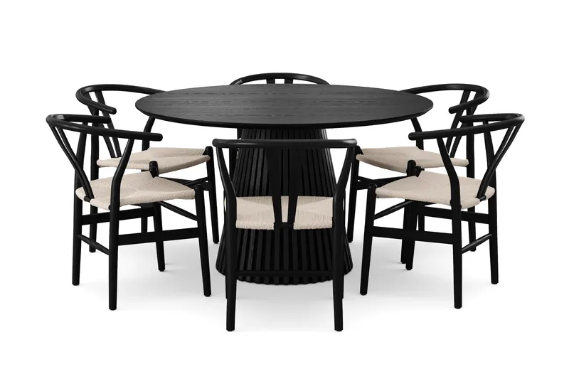 Peyra spisegruppe rund 130 cm svart med 6 Dastoori spisestoler - Svart - Møbler - Bord - Spisegruppe