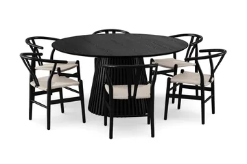 Peyra spisegruppe rund 150 cm svart med 6 Dastoori spisestoler - Svart - Møbler - Bord - Spisegruppe