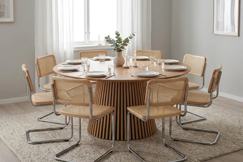 Peyra spisegruppe rund 180 cm eik med 8 Build spisestoler - Eik - Møbler - Bord - Spisegruppe