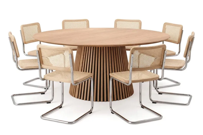 Peyra spisegruppe rund 180 cm eik med 8 Build spisestoler, Eik