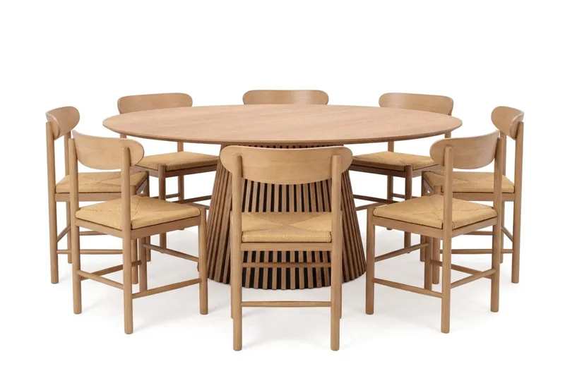 Peyra spisegruppe rund 180 cm eik med 8 Malte spisestoler