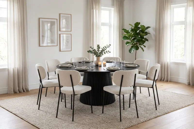Peyra spisegruppe rund 180 cm svart med 8 Gemmiano spisestoler - Svart - Møbler - Bord - Spisegruppe