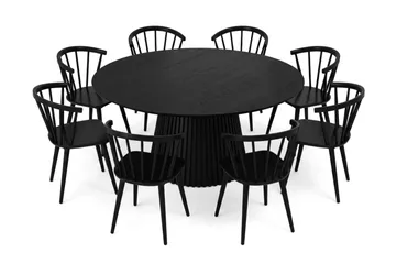 Peyra spisegruppe rund 180 cm svart med 8 Tyrö spisestoler - Svart - Møbler - Bord - Spisegruppe