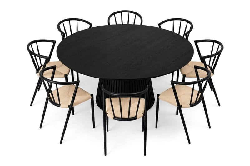 Peyra spisegruppe rund 180 cm svart med 8 Winston spisestoler - Svart - Møbler - Bord - Spisegruppe
