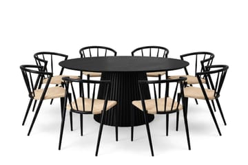 Peyra spisegruppe rund 180 cm svart med 8 Winston spisestoler - Svart - Møbler - Bord - Spisegruppe