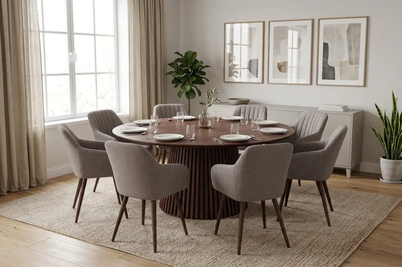 Peyra spisegruppe rund 180 cm valnøtt med 8 Filippa spisestoler - Valnøtt - Møbler - Bord - Spisegruppe