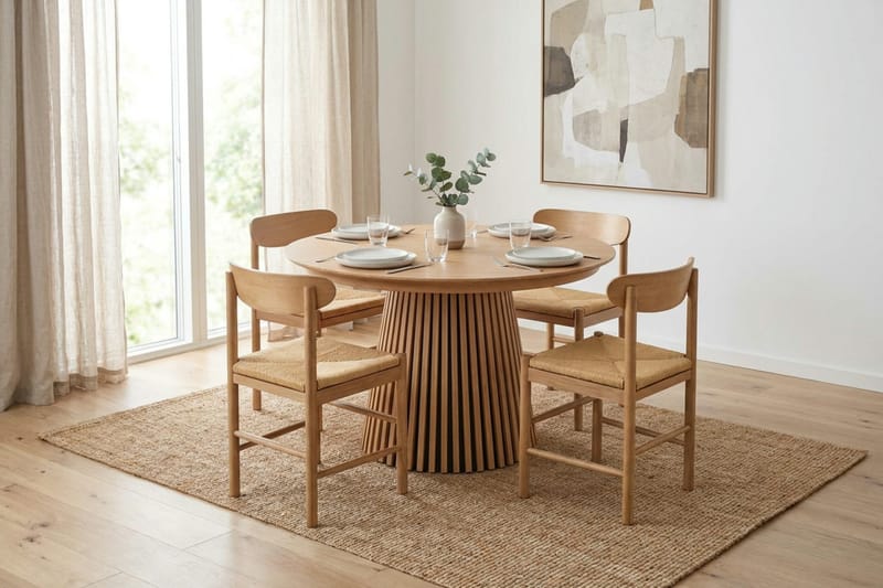 Peyra spisegruppe uttrekkbar rund 120–220 cm eik med 4 Malte spisestoler - Møbler - Bord - Spisegruppe