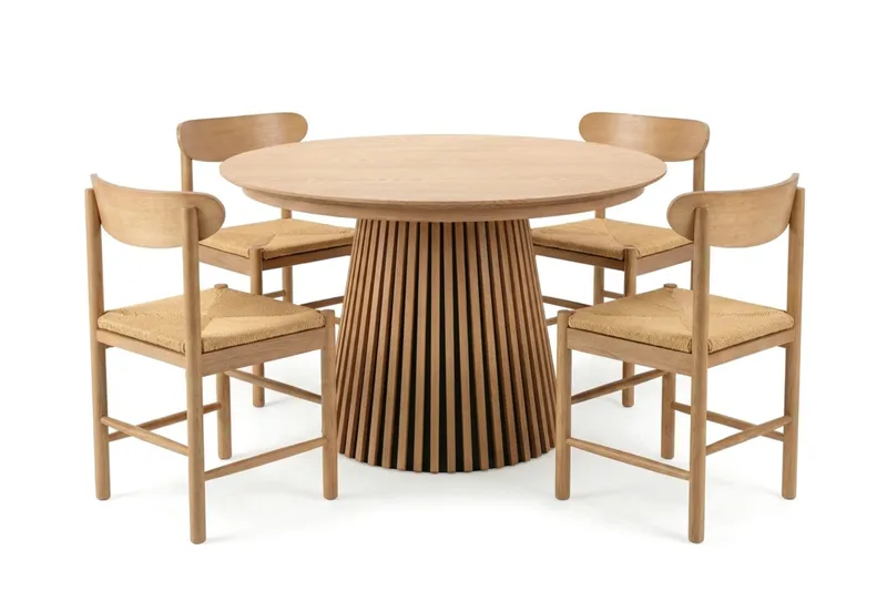 Peyra spisegruppe uttrekkbar rund 120–220 cm eik med 4 Malte spisestoler