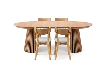 Peyra spisegruppe uttrekkbar rund 120–220 cm i eik med 4 Amelia spisestoler med pute - Eik/beige - Møbler - Bord - Spisegruppe