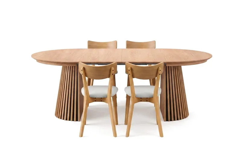 Peyra spisegruppe uttrekkbar rund 120–220 cm i eik med 4 Amelia spisestoler med pute - Eik/beige - Møbler - Bord - Spisegruppe