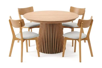 Peyra spisegruppe uttrekkbar rund 120–220 cm i eik med 4 Amelia spisestoler med pute - Eik/beige - Møbler - Bord - Spisegruppe